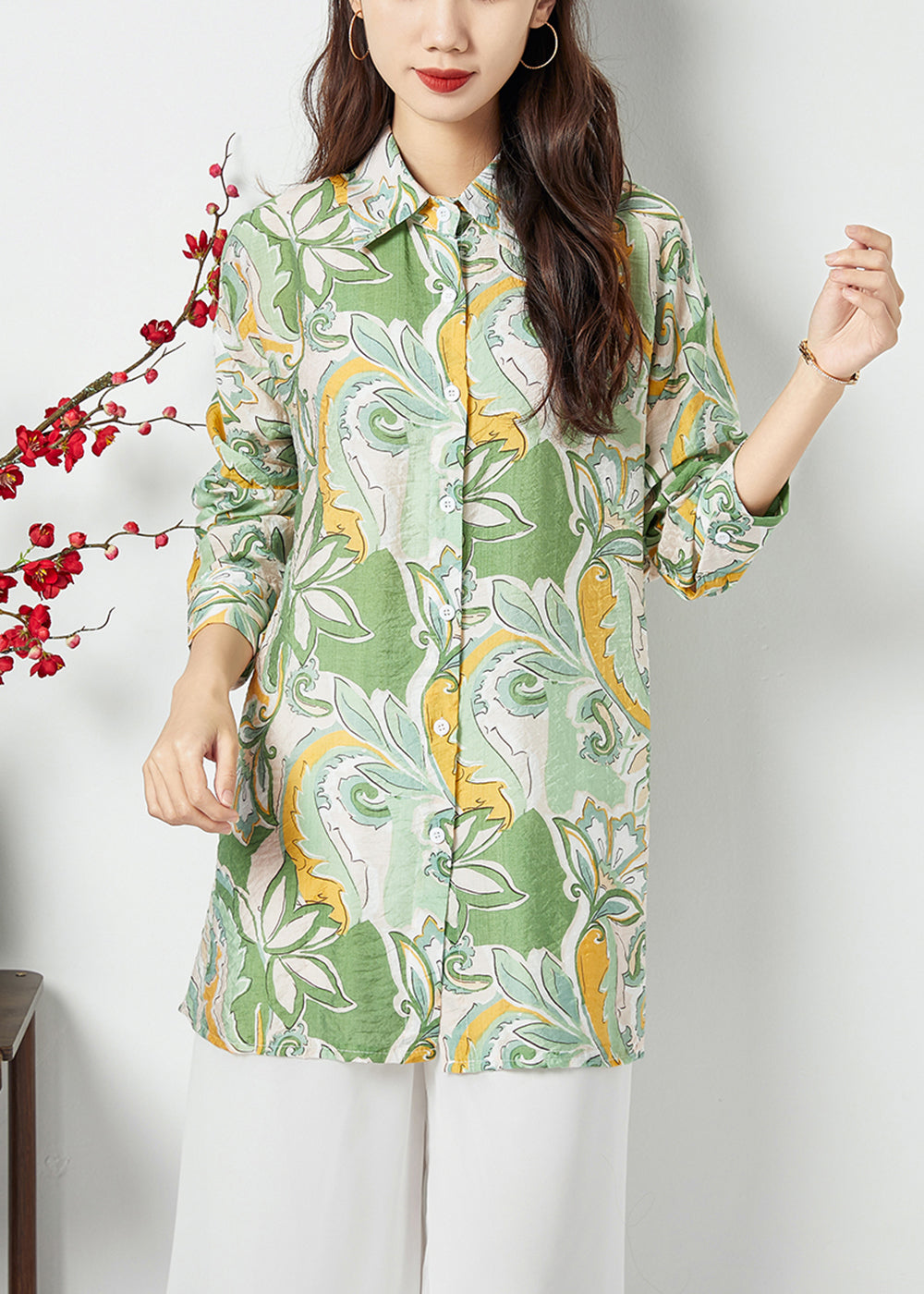 Light Green Peter Pan Collar Print Cotton Long Shirt Spring
