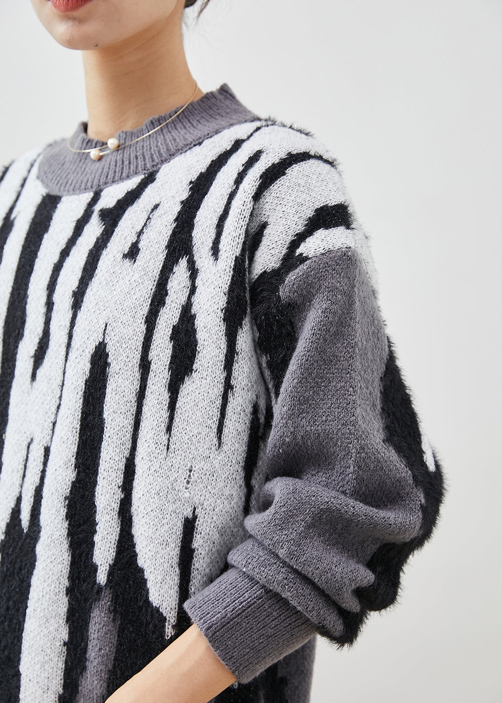 Diy Grey Oversized Jacquard Knit Pullover Winter