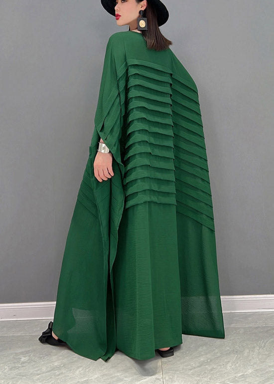 Green O-neck Striped Chiffon Ankle Dress Batwing Sleeve