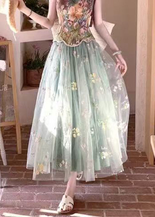 New Green Print Spaghetti Strap Tank and Tulle Skirts Two Pieces Set Sleeveless