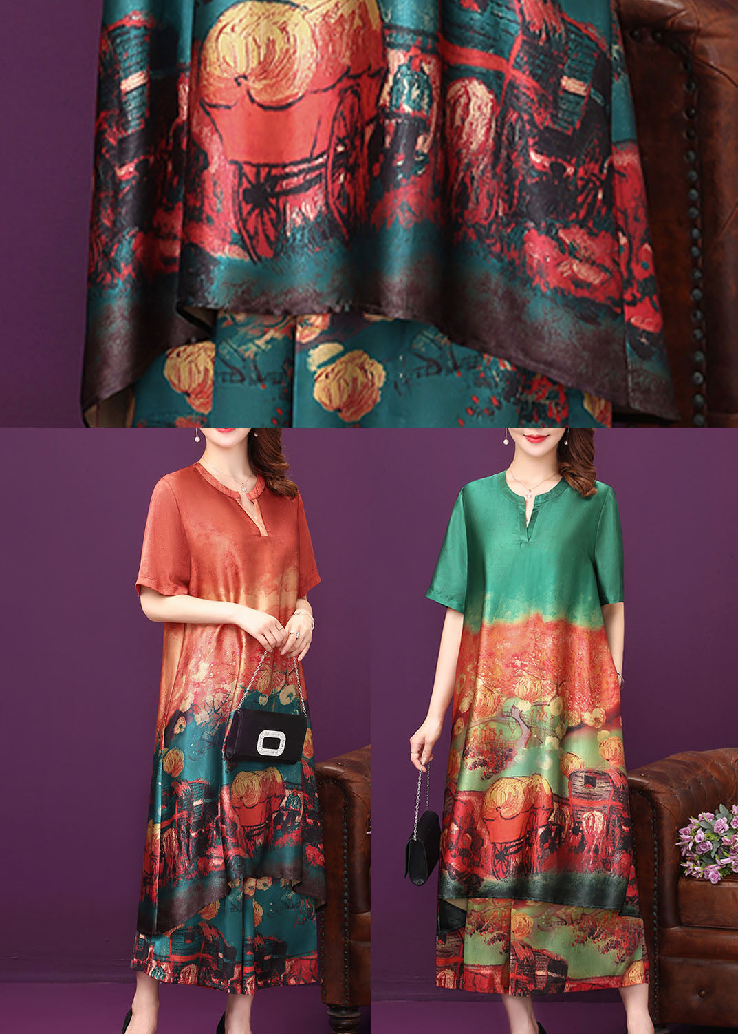 Green Print Silk Long Dress and Wide Leg Pants Two Piece Suit Set V Neck Summer