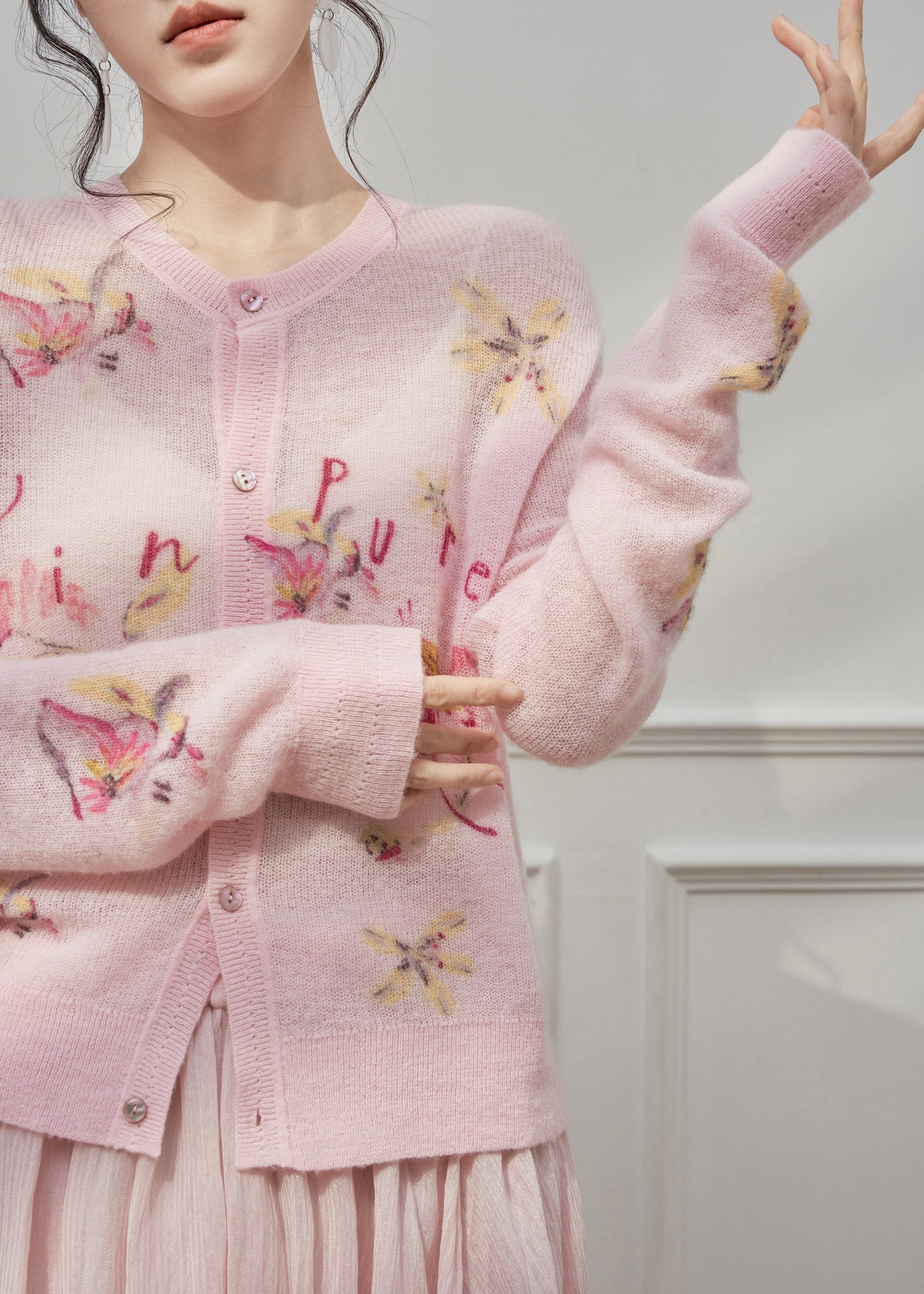 Pink O-neck Print Button Knit Cardigans Spring