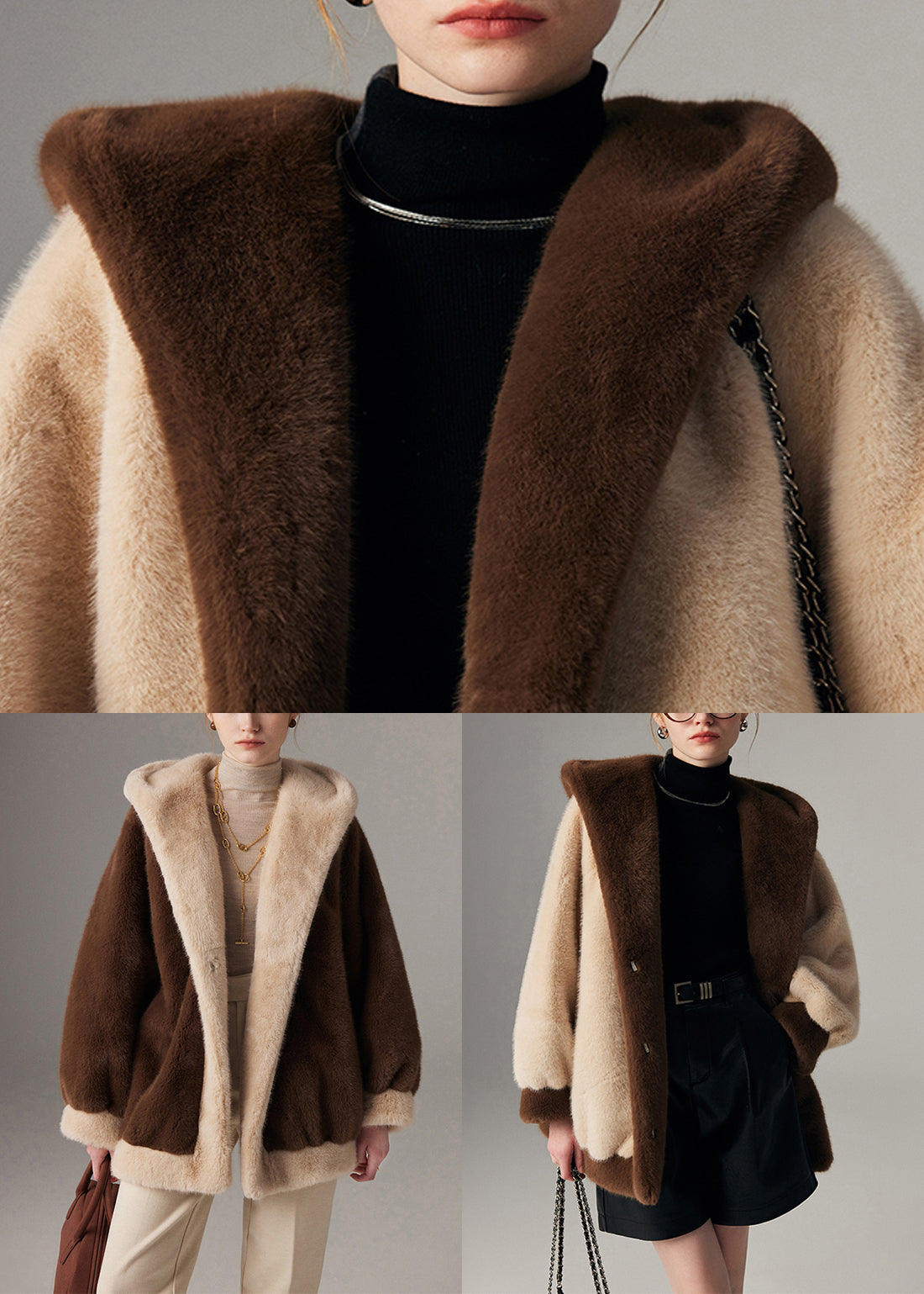 Beige Hooded Pockets Patchwork Mink Hair Coats Winter
