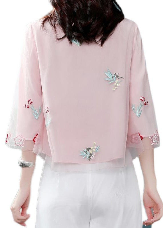 Chinese Style Light Green Stand Collar Embroideried Chiffon Shirts Bracelet Sleeve