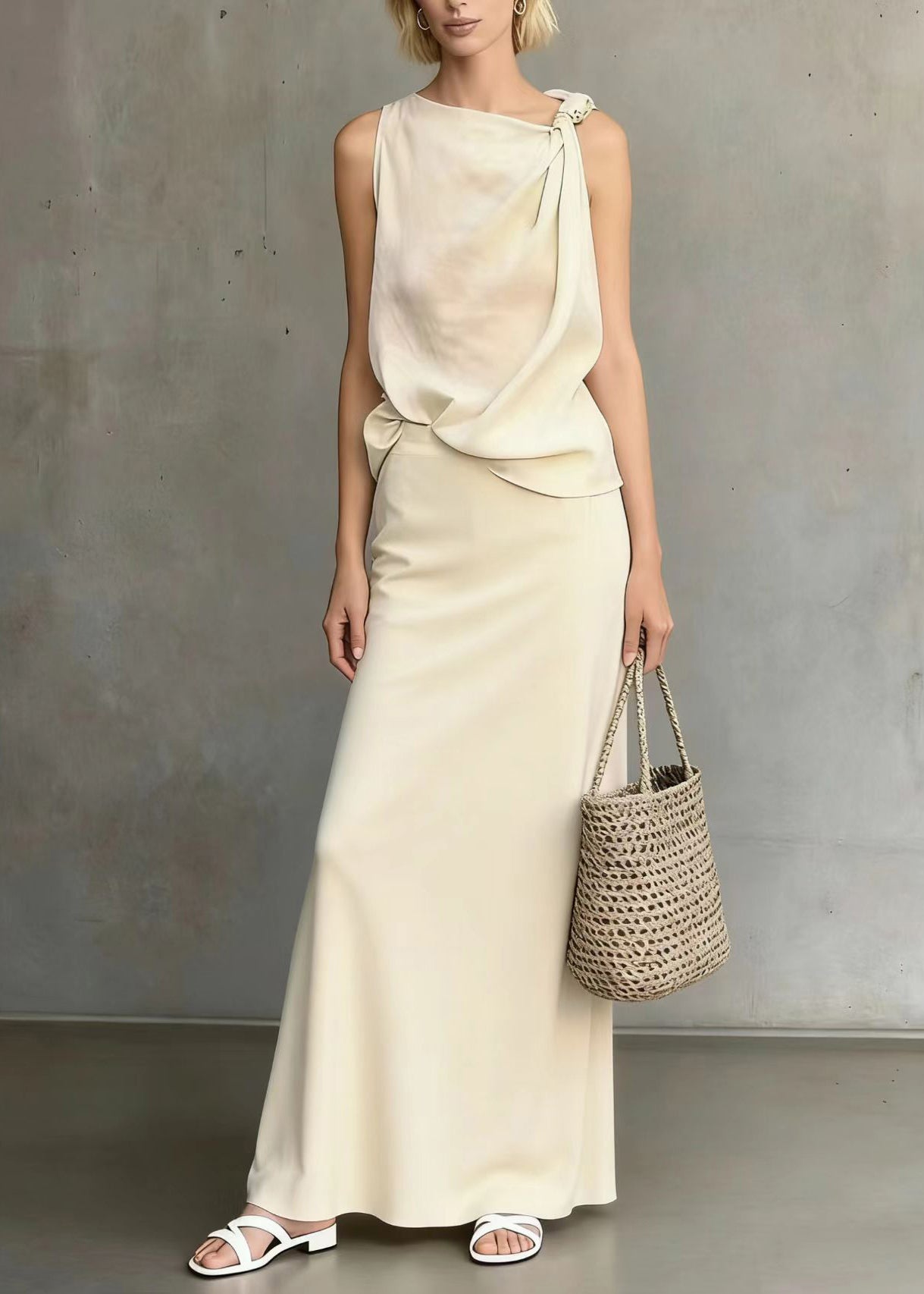 White Asymmetrical Shoulder Knotted Cotton Two Pieces Set Sleeveless