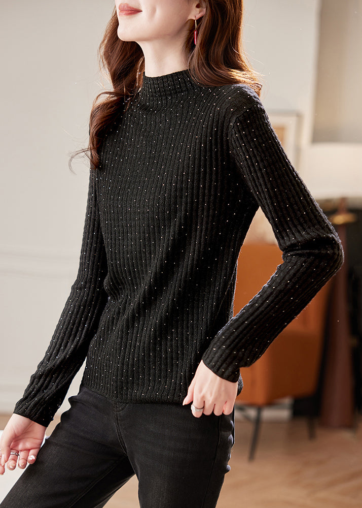 Handmade Black Turtleneck Zircon Knit Sweater Spring