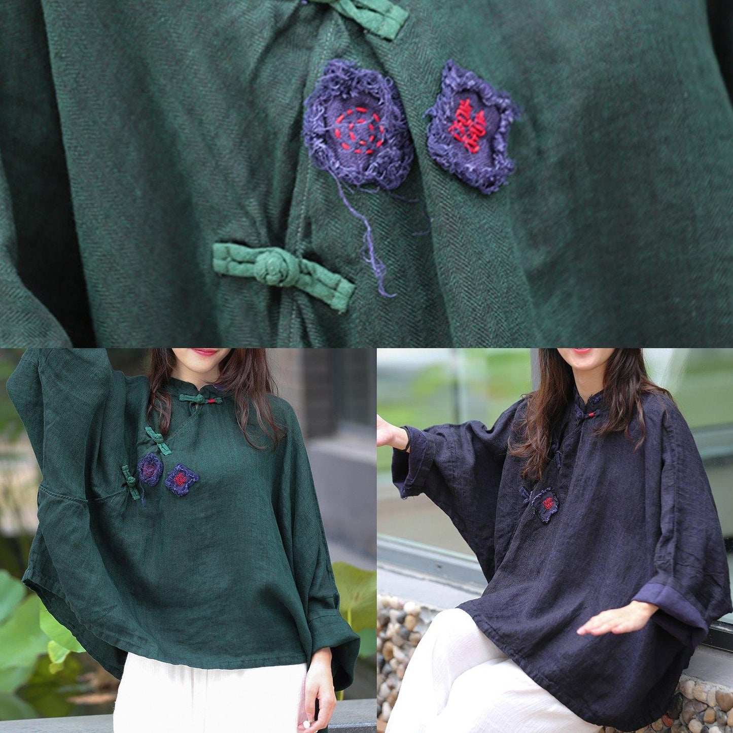 Stand Collar Batwing Sleeve Tunic Cotton Navy Shirts Spring