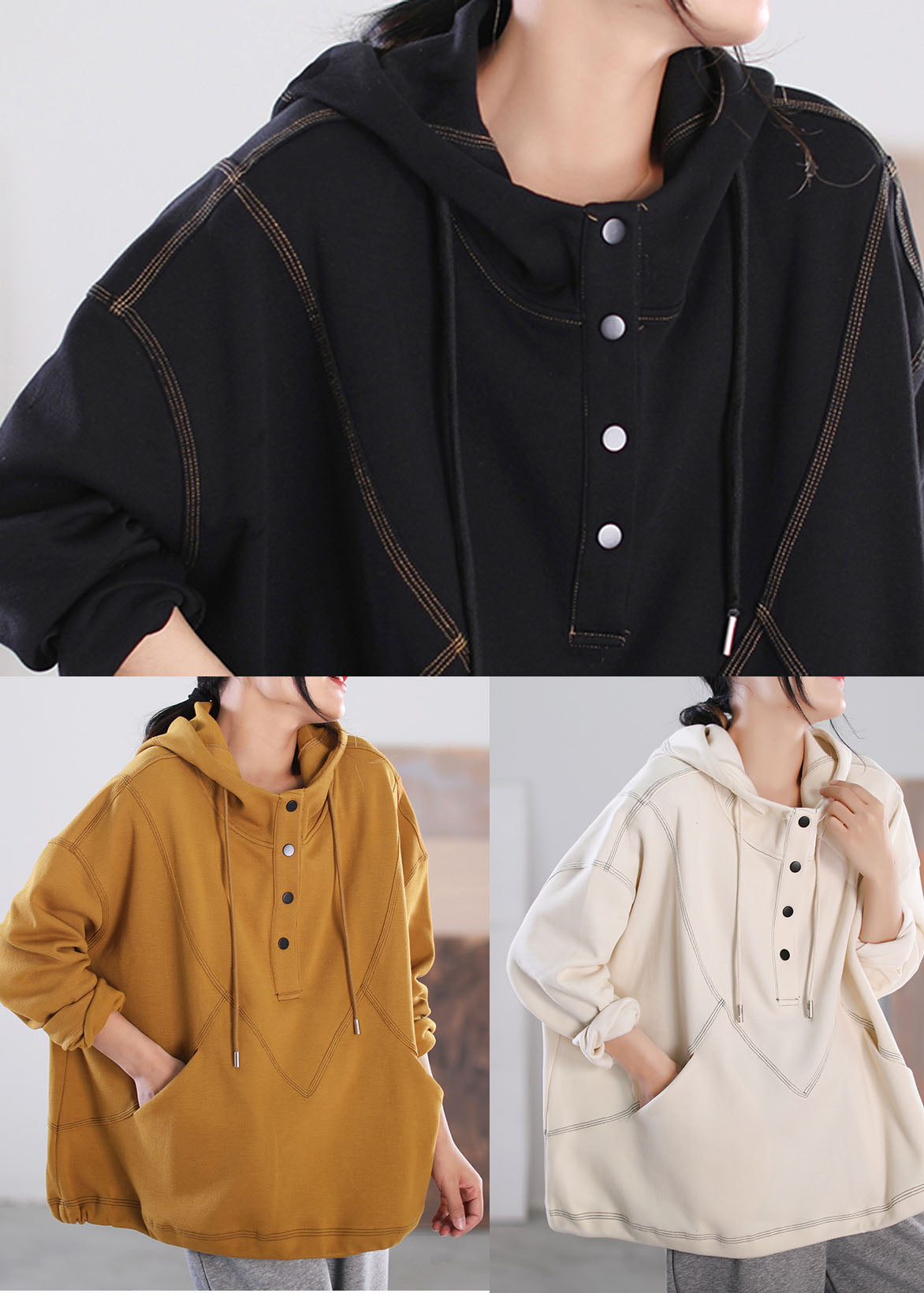 Beige Drawstring Hooded Cotton Pullover Long Sleeve