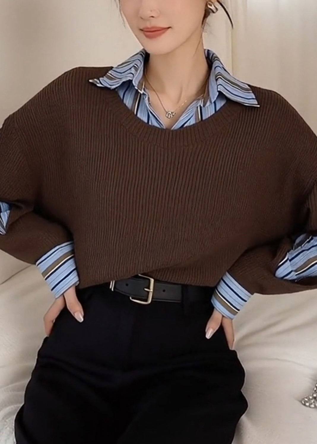 Style Brown Peter Pan Collar Patchwork Knit Fake Two Piece Shirts Spring
