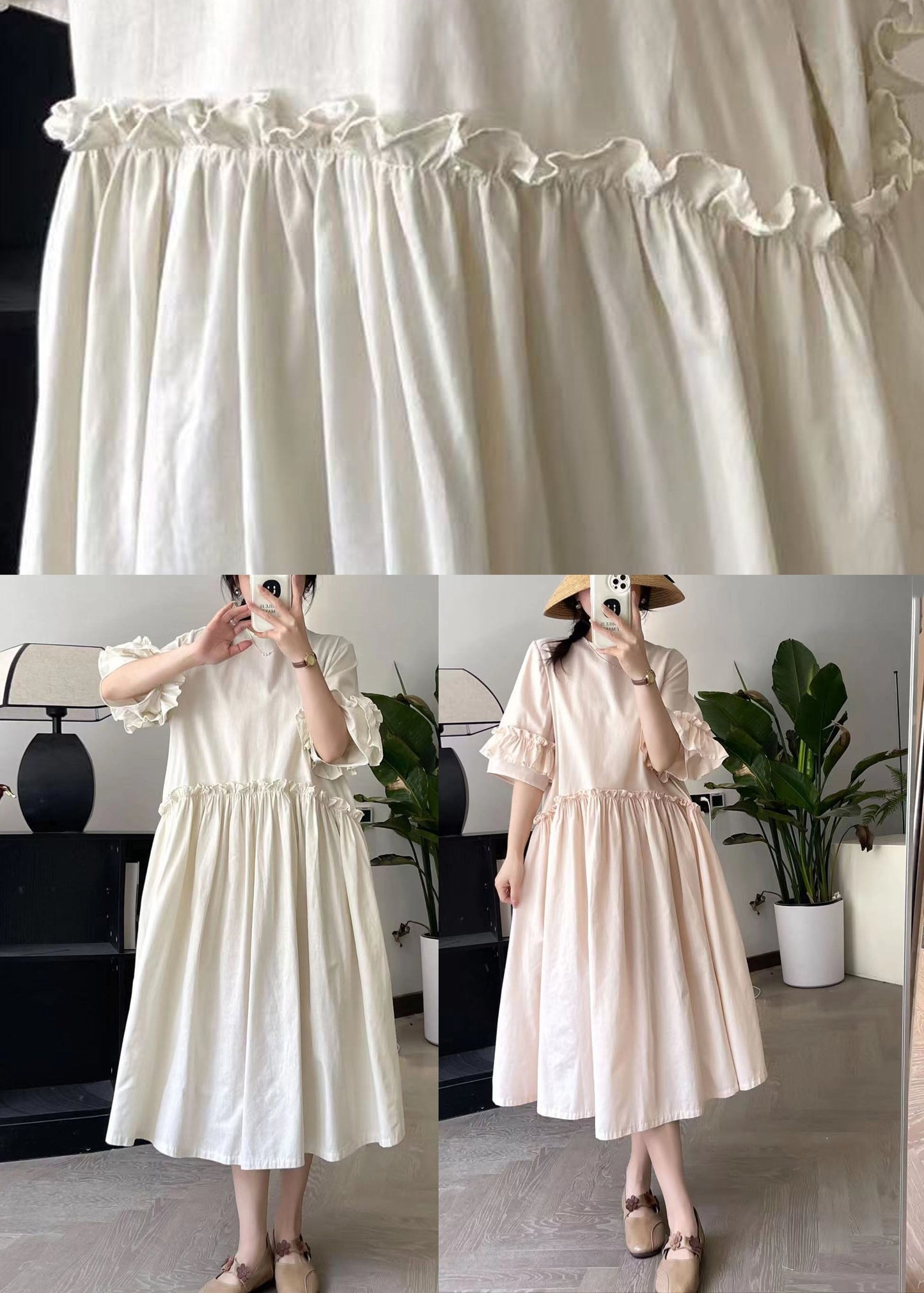Art Pink O-neck Wrinkled Long Dresses Summer