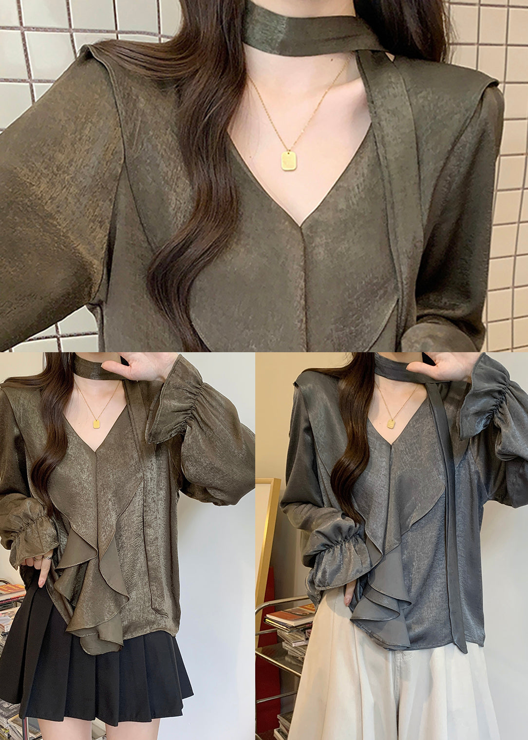 Grey Ruffles Oversized Chiffon Shirts Fall