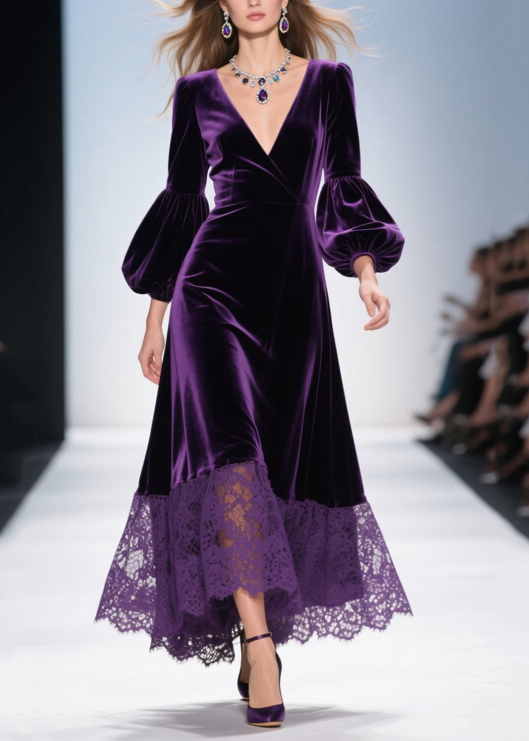 Purple V Neck Lace Patchwork Velvet Dress Fall