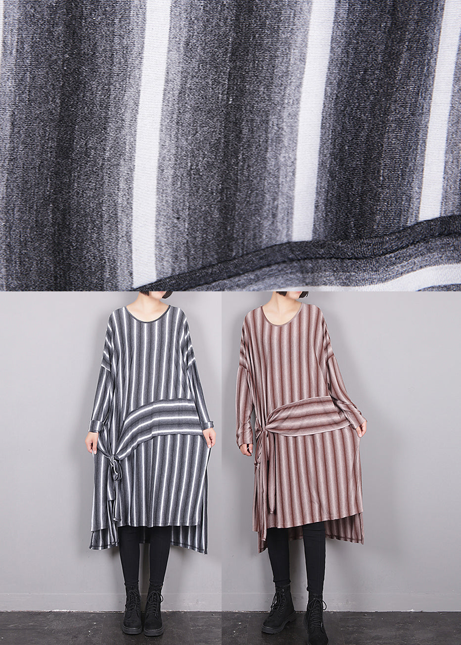 Red O-neck Asymmetrical Striped Low High Design Maxi Dress Fall