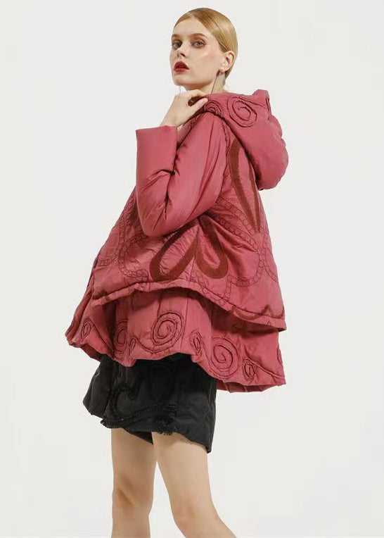 Pink Hooded Embroidery Patchwork Duck Down Coat Winter