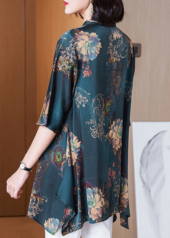 Green Asymmetrical Print Silk Shirt Summer