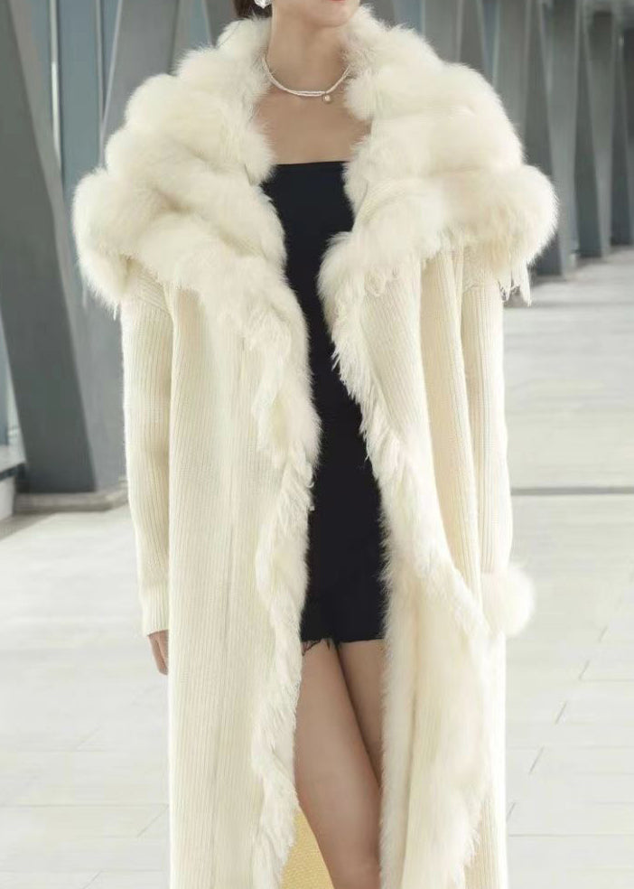 Classy Beige Fox Collar Patchwork Knit Cardigan Winter
