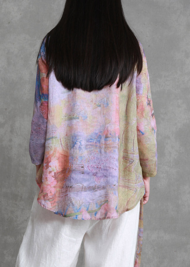 Unique O-neck Print Asymmetrical Low High Design Tie Waist Linen Top Long Sleeve