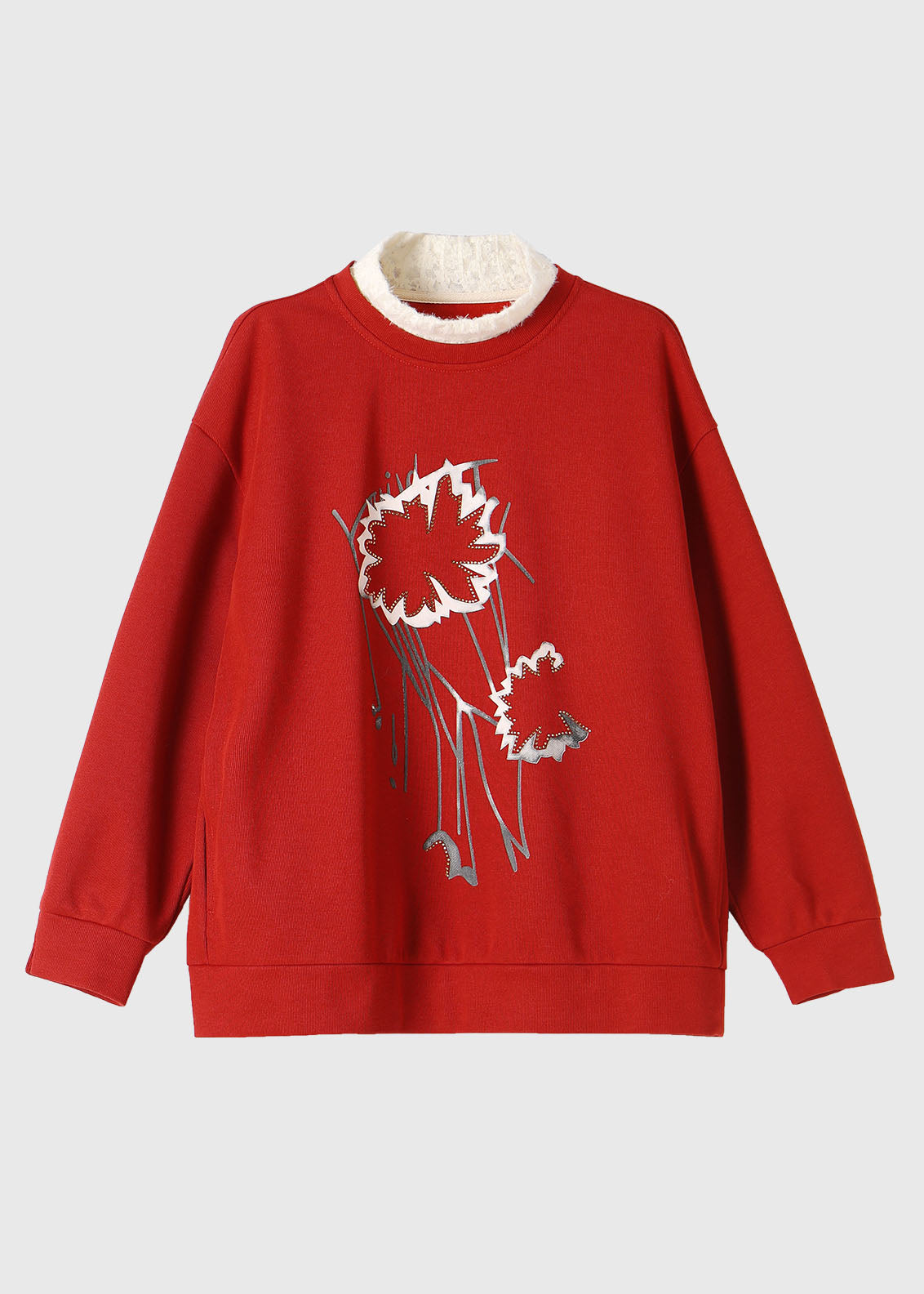 Red Turtleneck Patchwork Print Fake Two Pieces Fleece Sweatshirt Winter