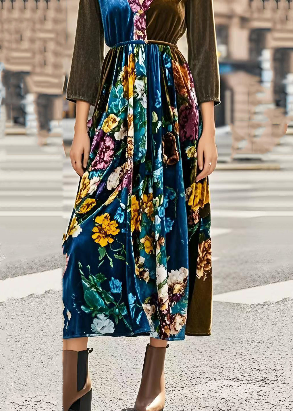 Silm Fit V Neck Patchwork Print Silk Velour Cinched Dresses Spring