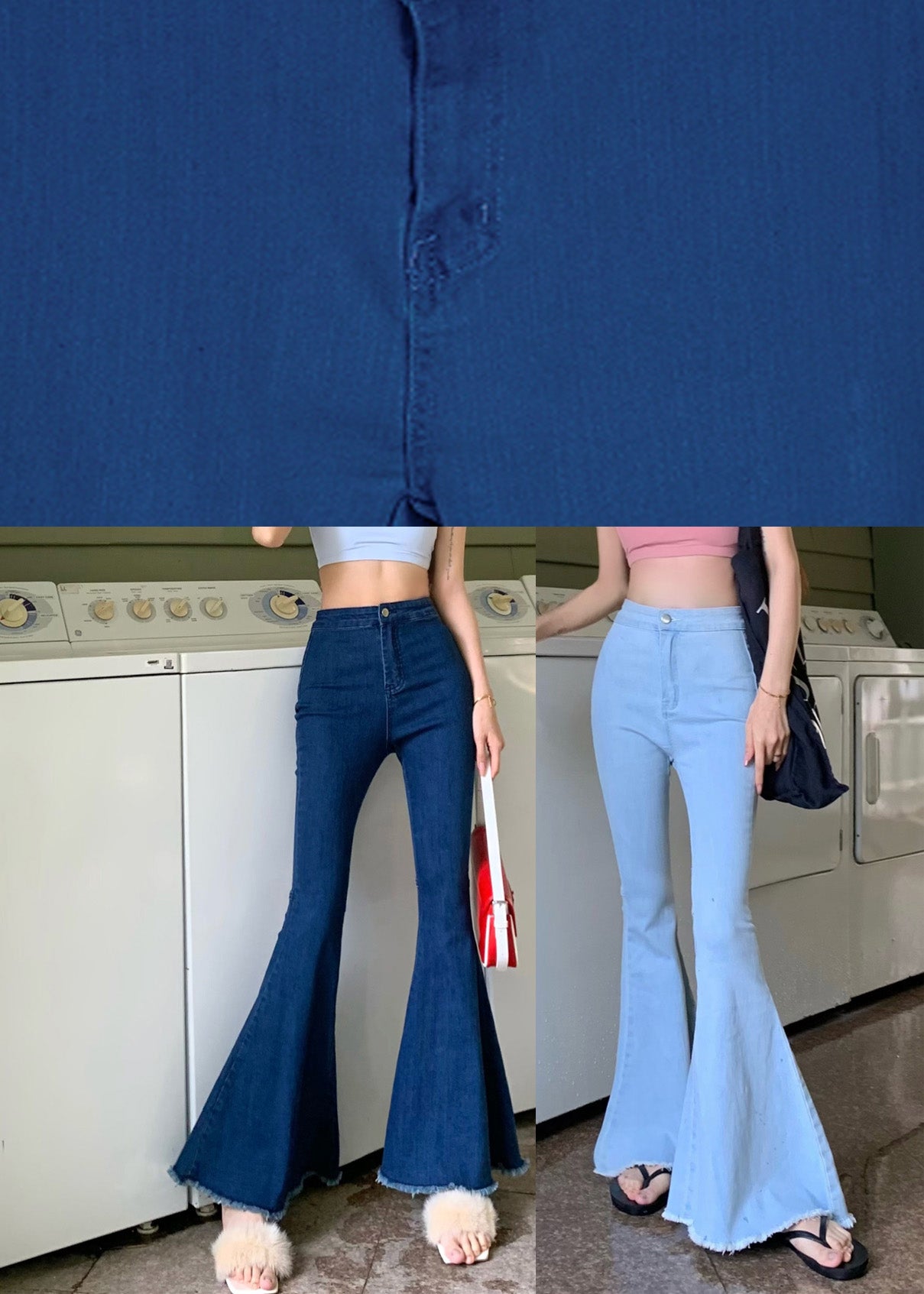Navy High Waist Button Flared Trousers
