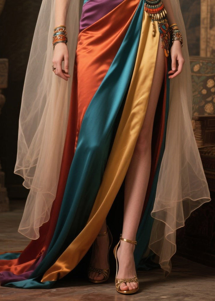 Mixed Color Deep-v Neck Patchwork Exra Large Hem Dresses Summer