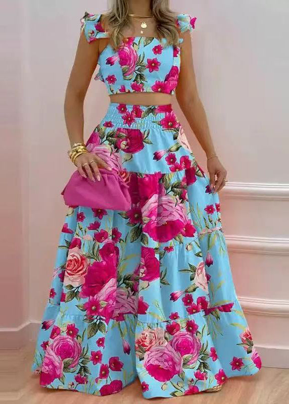 Art Blue Print Tank and Elastic Waist Skirts Cotton Two Pieces Set Summer