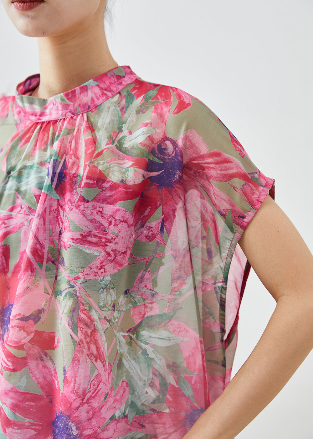 Italian Pink Print Wear on Both Sides Linen Silk Blouse Tops Summer