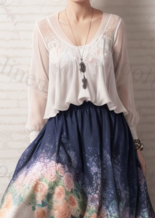 French White V Neck Print Patchwork Silk Maxi Dresses Fall