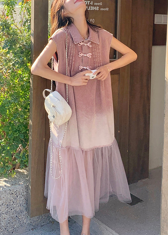 Summer Retro Pink Gradient Tulle Splicing Denim Shirt Skirt Dress