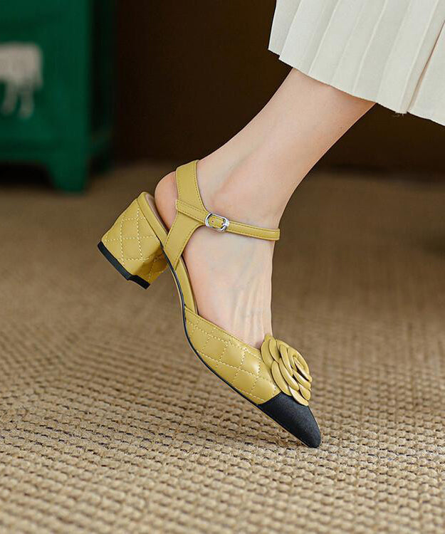 Yellow Pointed Toe Chunky Heel Faux Leather Sandals