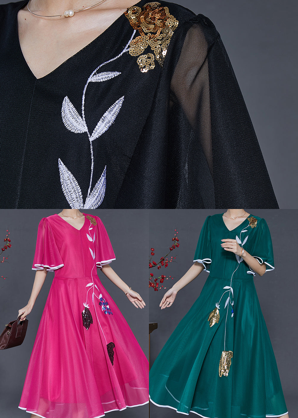 Peacock Green Embroidered Silk Long Dresses Summer