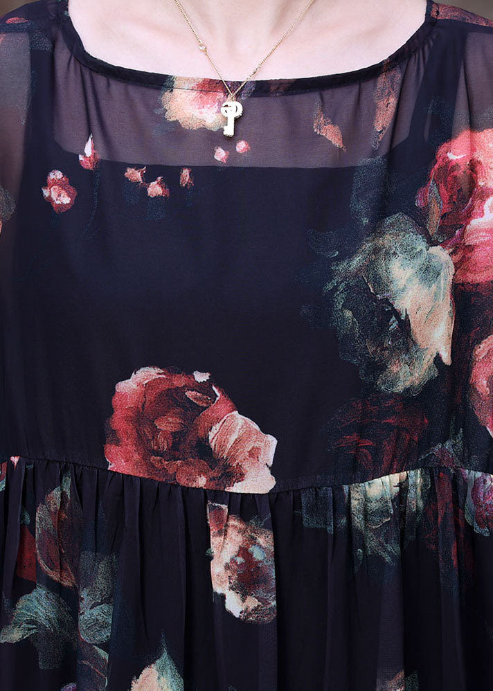Black O-neck Wrinkled Print Chiffon Beach Dress Two Pieces Set Summer