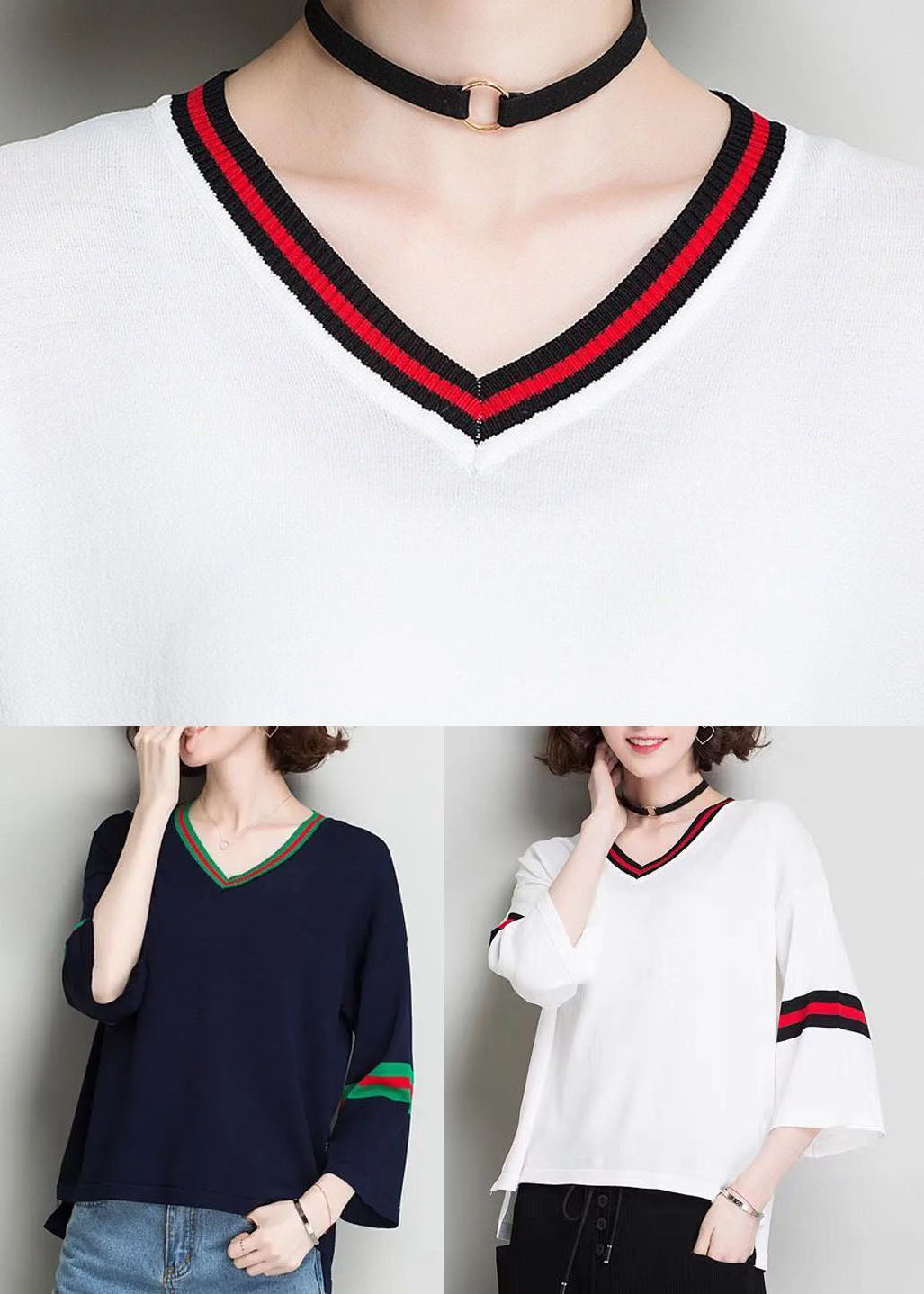 White V Neck Oversized Knit Tops Bracelet Sleeve