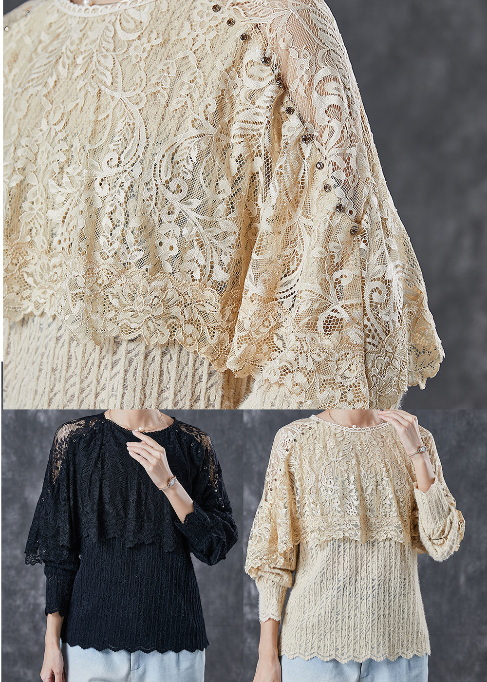 Black Hollow Out Patchwork Lace Tops Spring