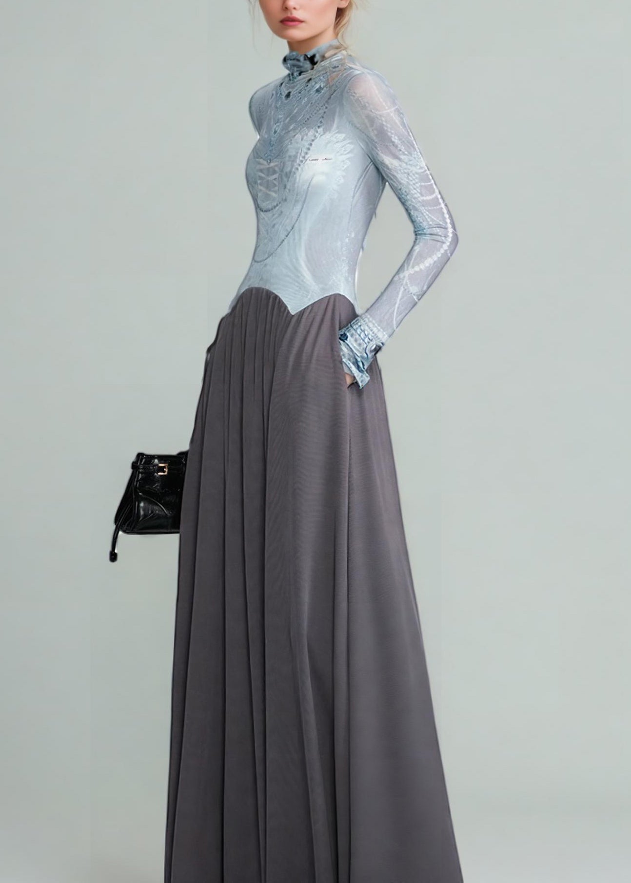 Italian Grey Lace Up Wear on Both Sides Patchwork Cotton Long Dress Fall