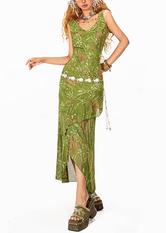 Green Asymmetrical Tulle Maxi Spaghetti Strap Fishtail Dress Summer