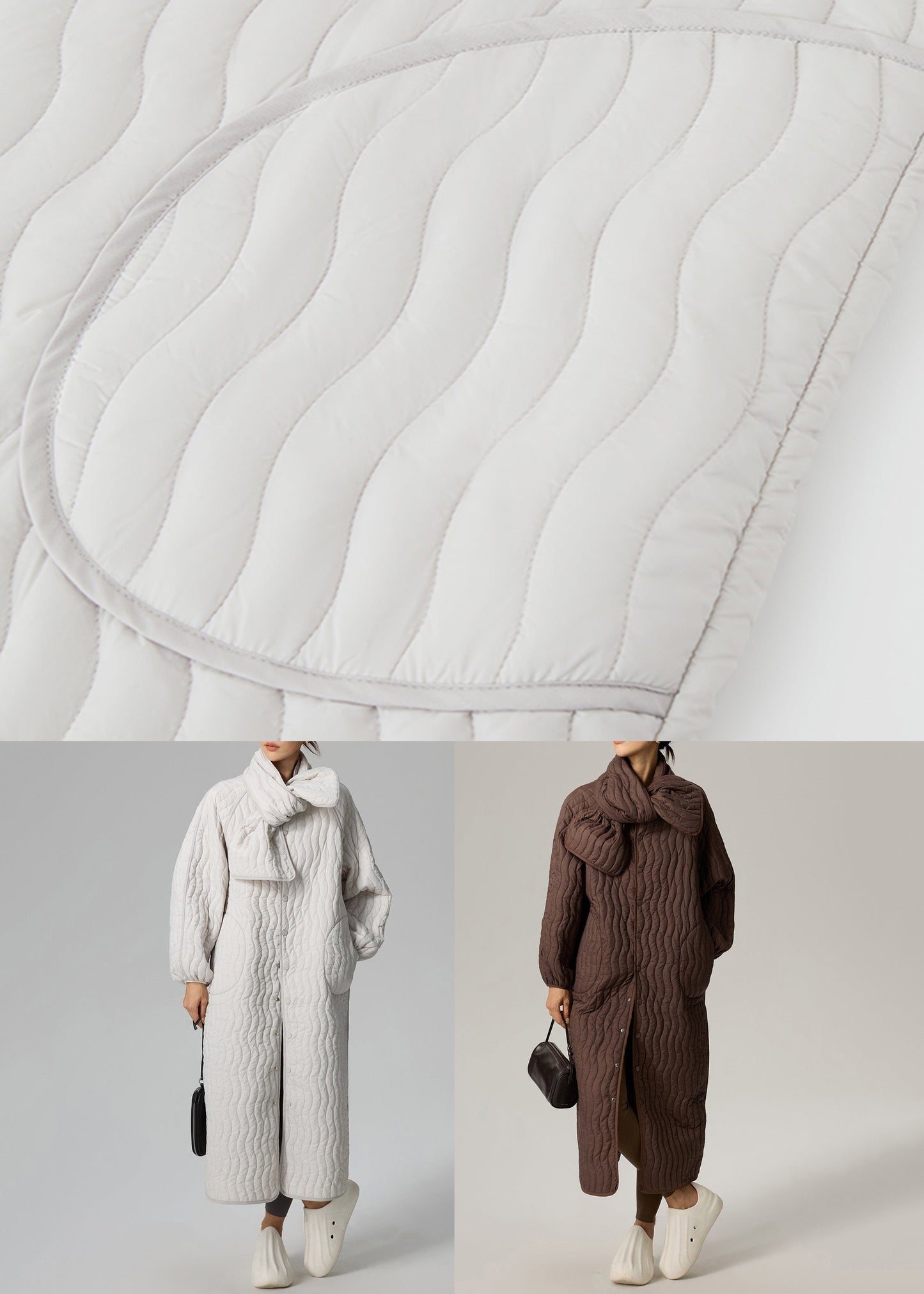 Loose Light Grey Button Scarf and Long Parka Cotton Filled Two Pieces Set Winter