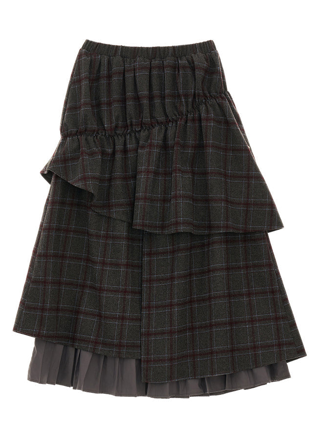 Grey Plaid False Two Pieces Patchwork Cotton Skirts Fall