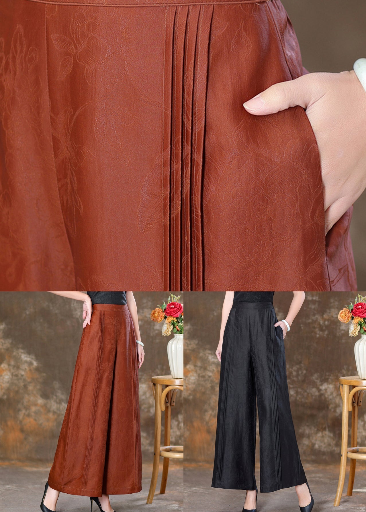 Black Patchwork Silk Velour High Waist Wide Leg Pants