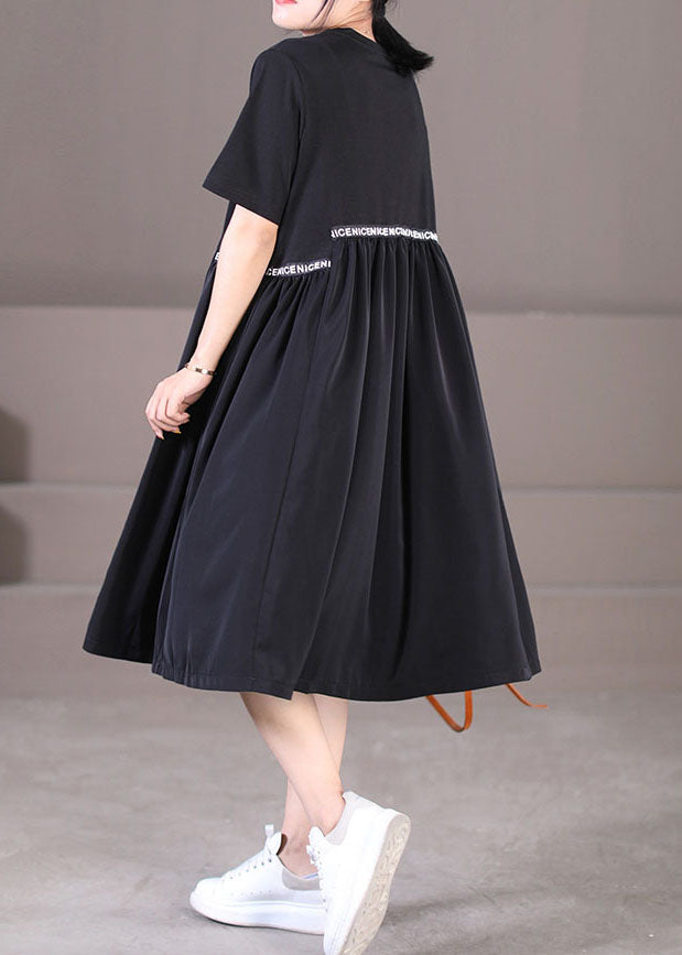 Black O-neck Oversized Letter Applique Pleated Dress Summer