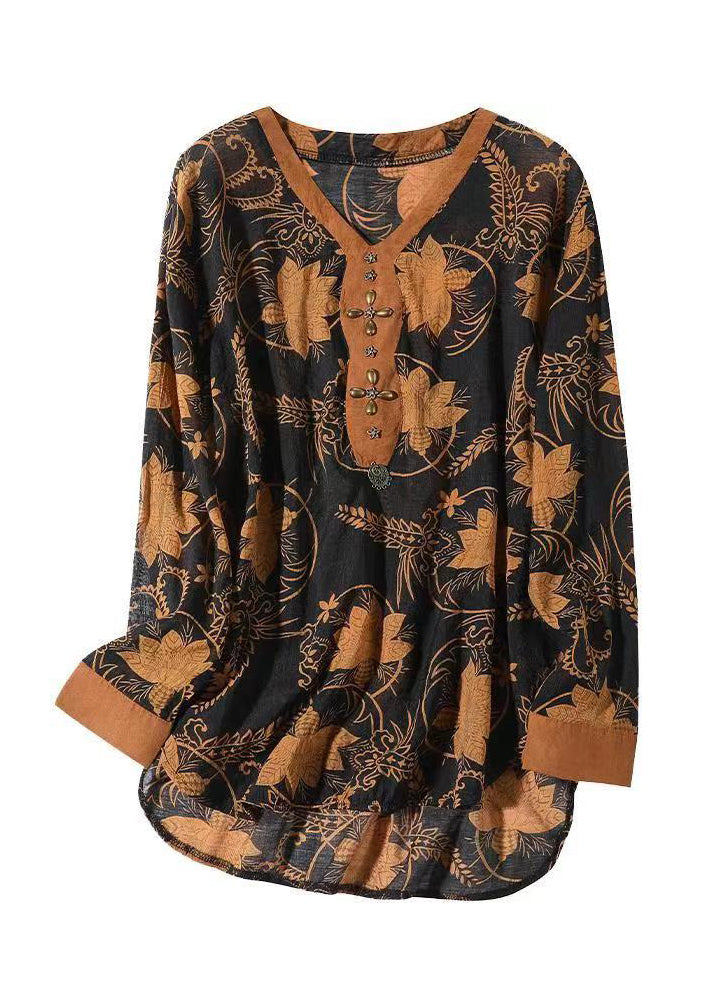 Yellow V Neck Print Patchwork Silk Shirt Top Fall
