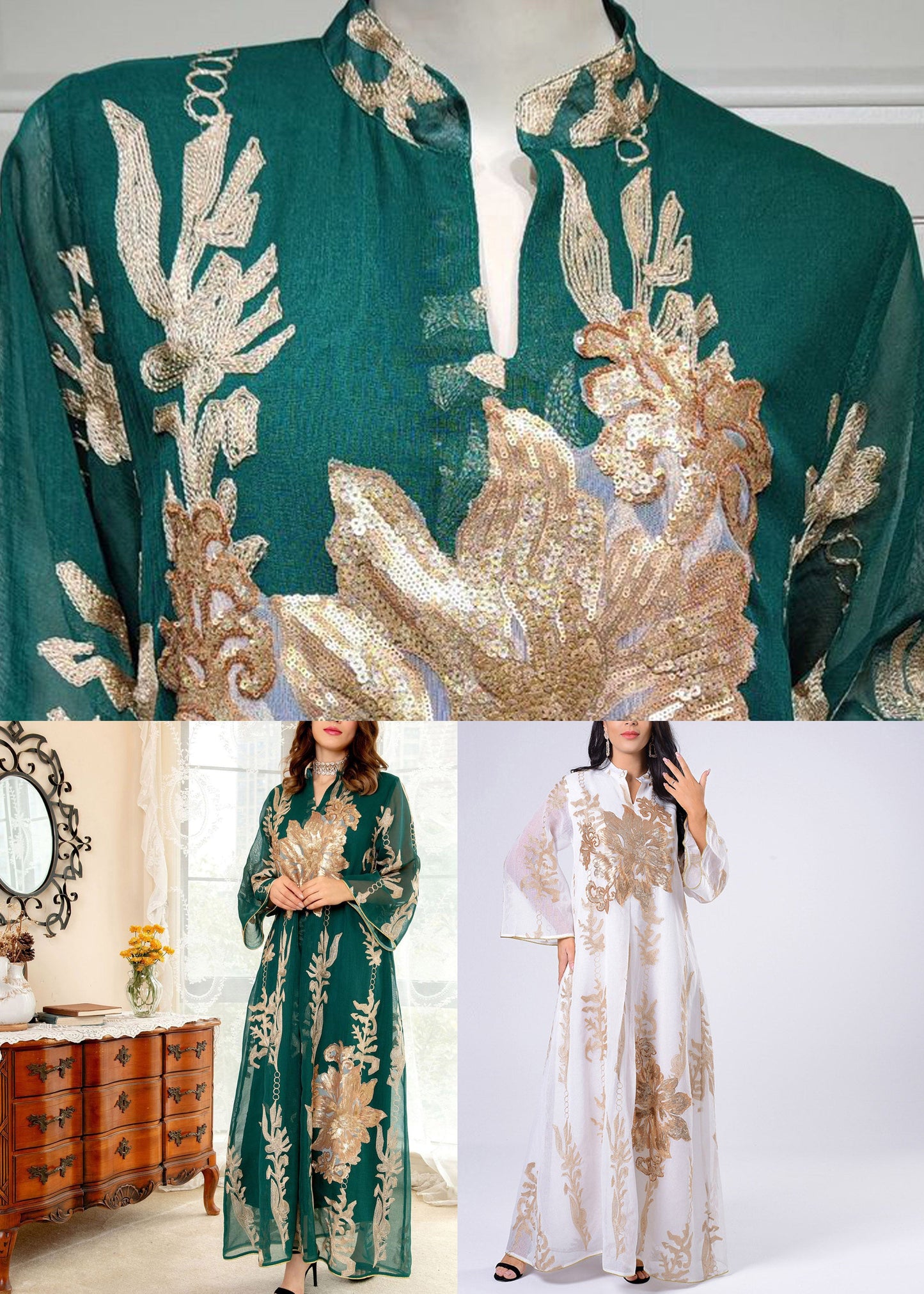 Green Embroideried Sequins Tulle Long Dress Fall
