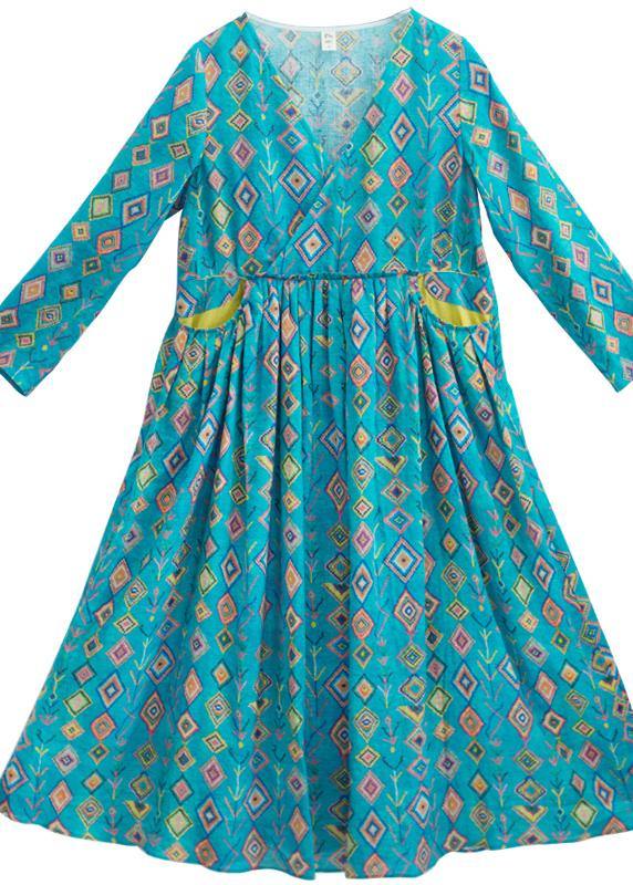Organic Green Print Dress V-neck Spring Dress