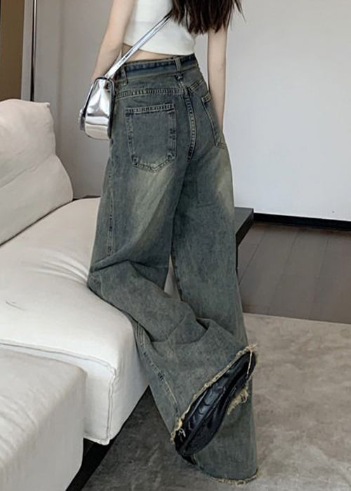 Blue Lace Up Pockets Denim Pants Spring
