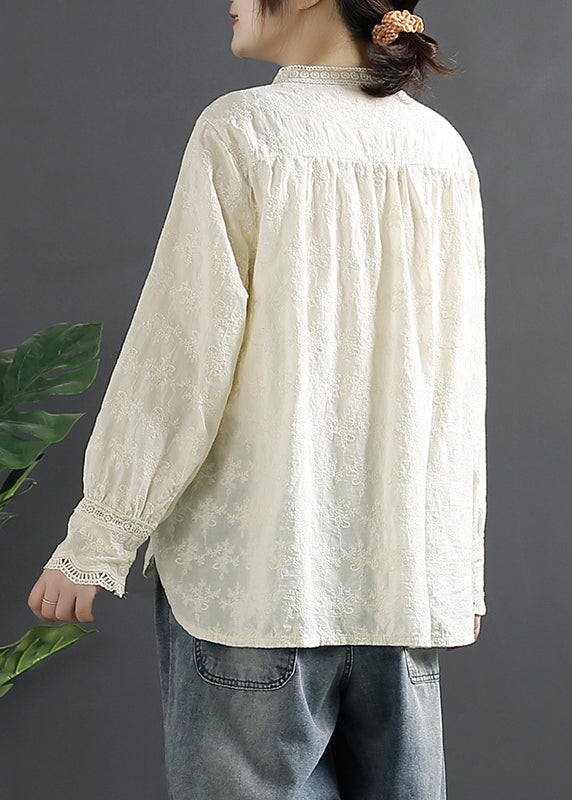 Stylish Beige Embroideried Hollow Out Cotton Shirt Tops Spring