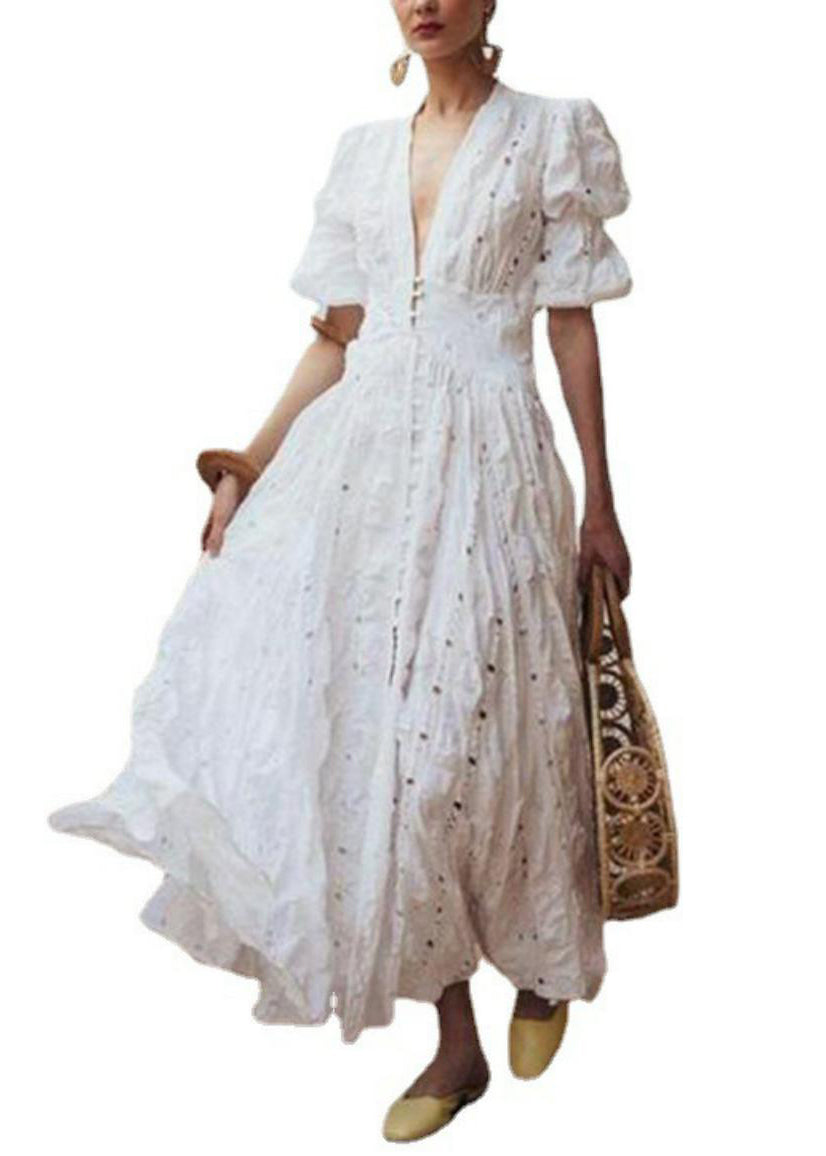 White Puff Sleeve Exra Large Hem Cotton Holiday Dress Spring