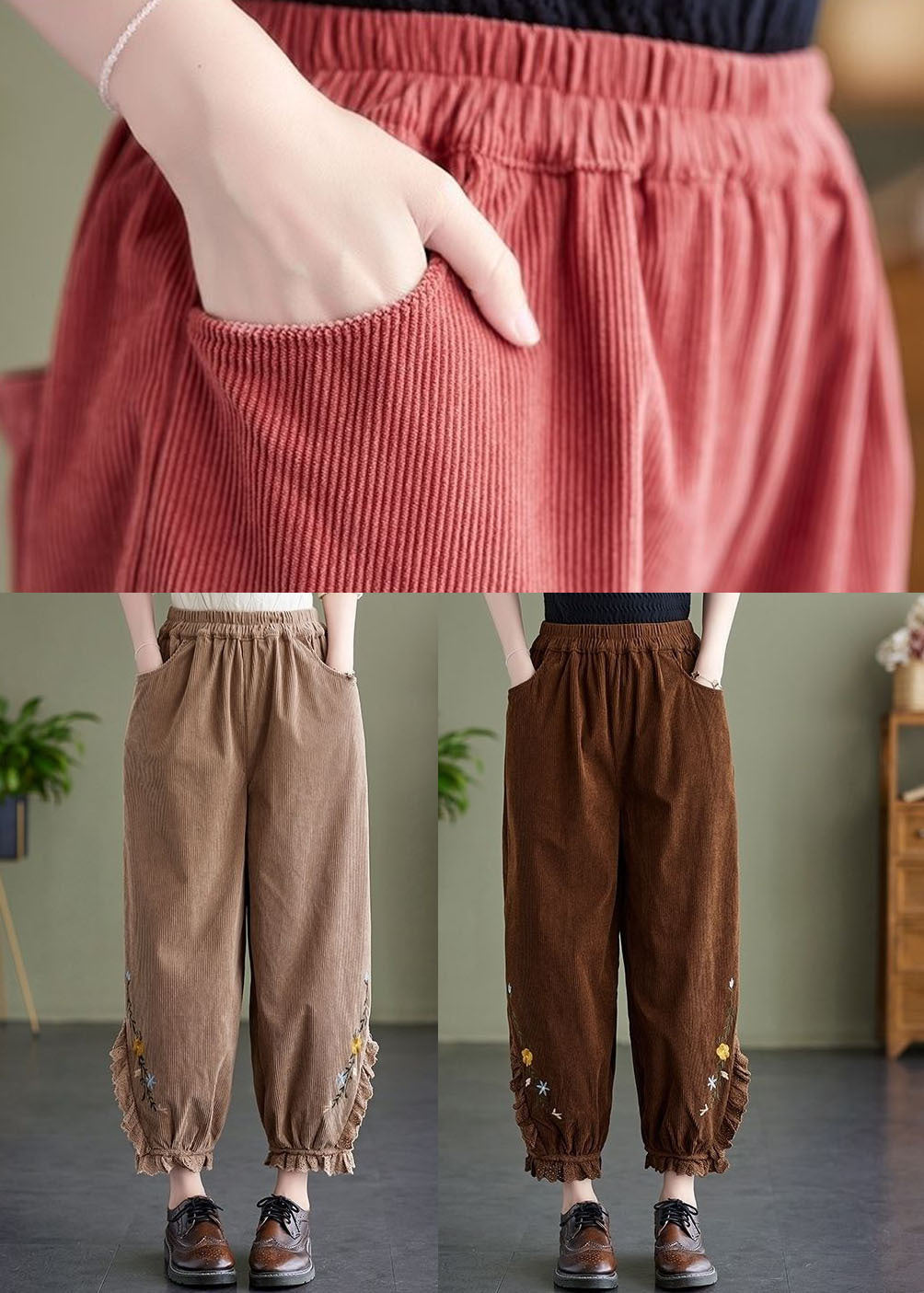 Khaki Embroideried Patchwork Lace Warm Fleece Corduroy Crop Pants Spring