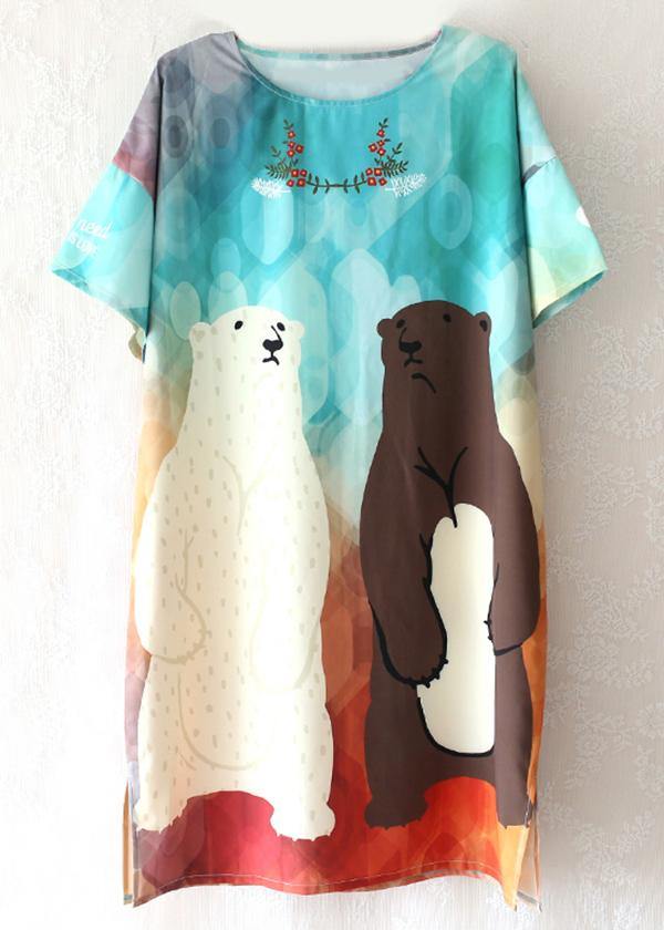 Blue Print O-neck Animal Summer Dresses Short Sleeve
