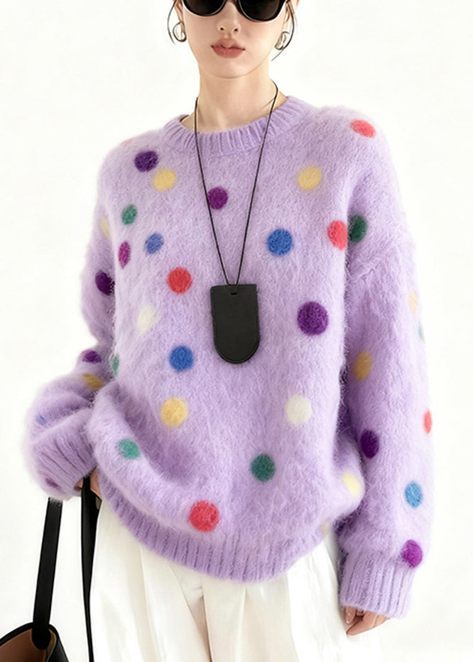 Purple Oversized Multicolour Dots Knit Sweater Tops Winter