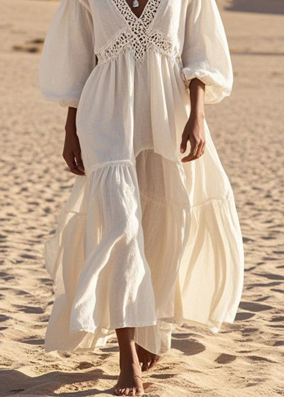 White V Neck Patchwork Hollow Out Cotton Dress Lantern Sleeve Summer